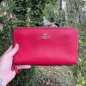 COACH Double Zip-Around Travel & Phone Wallet RED Crossgrain Leather AUTHENTIC